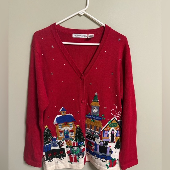 victoria jones Sweaters - Vintage Christmas Cardigan Sweater North Pole Train Toys Ugly Side Medium Beaded